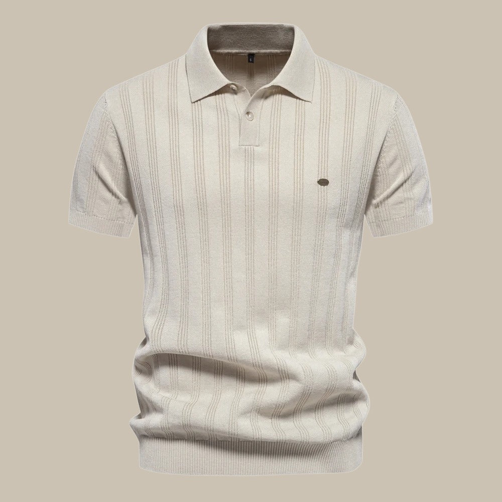 Men's Short Sleeve Knit Polo - Vertical Ribbed Pattern - Fold Collar