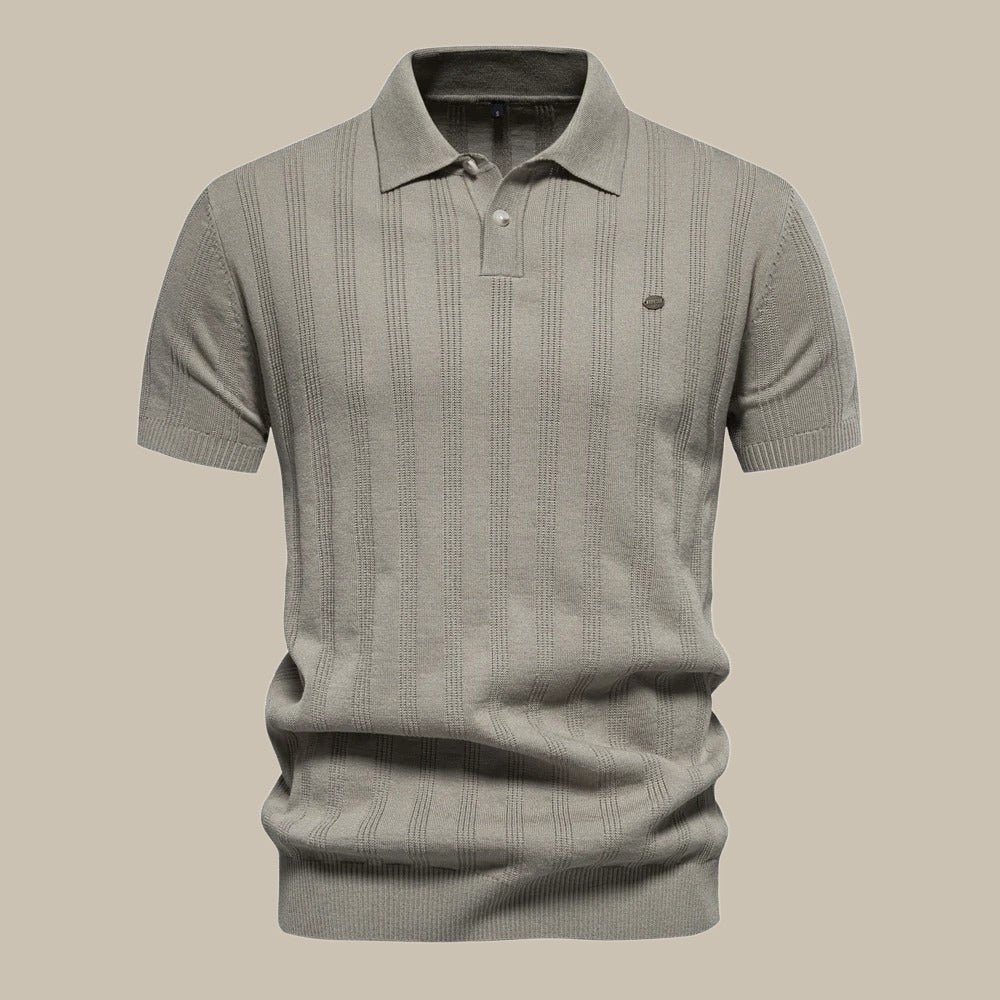 Men's Short Sleeve Knit Polo - Vertical Ribbed Pattern - Fold Collar
