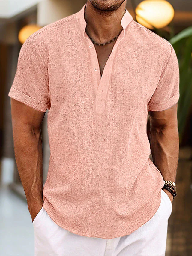 Men’s Short Sleeve Henley Shirt with Stand Collar and Button Placket