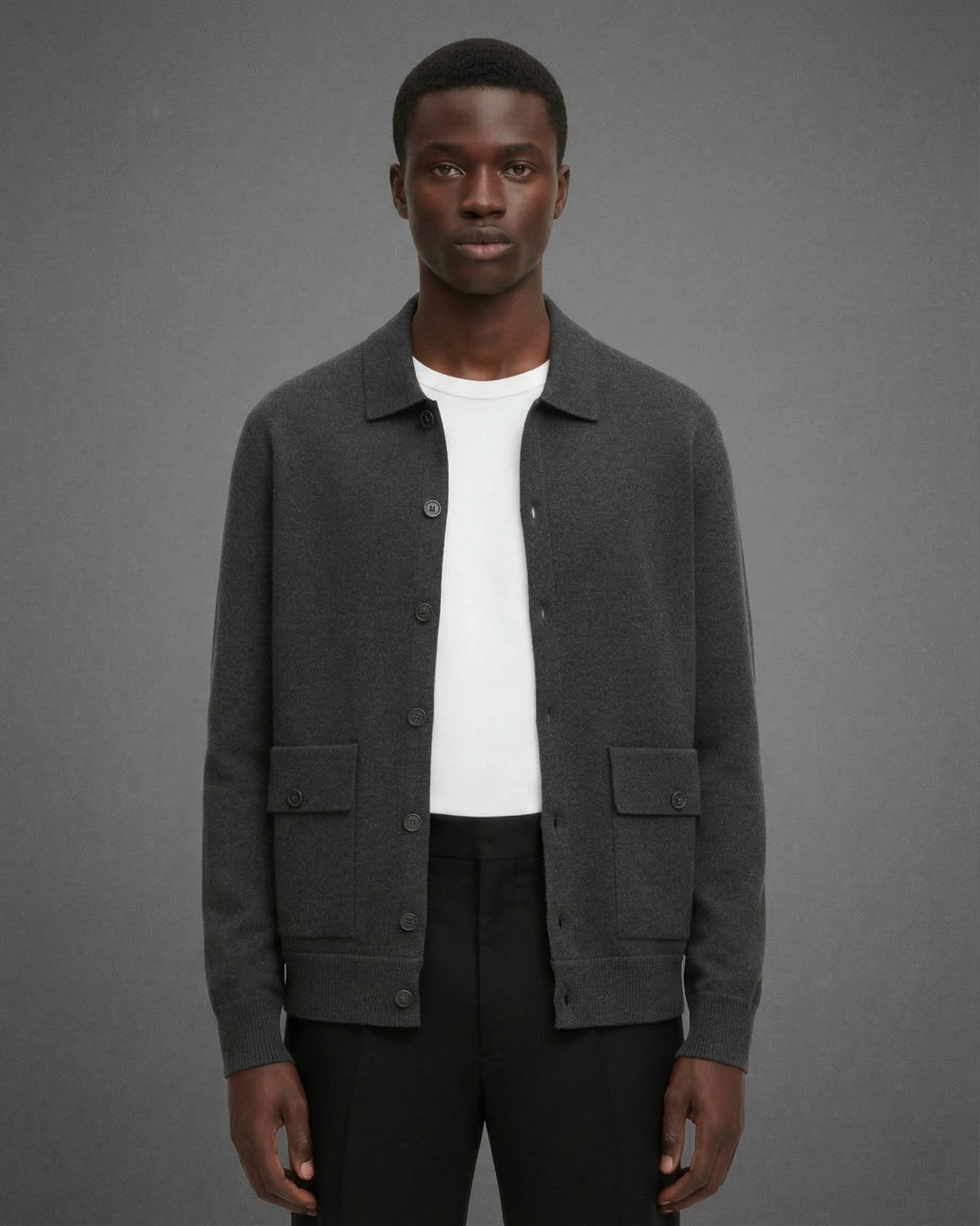 Men's Wool Cardigan - Button-Up Collar Long Sleeve