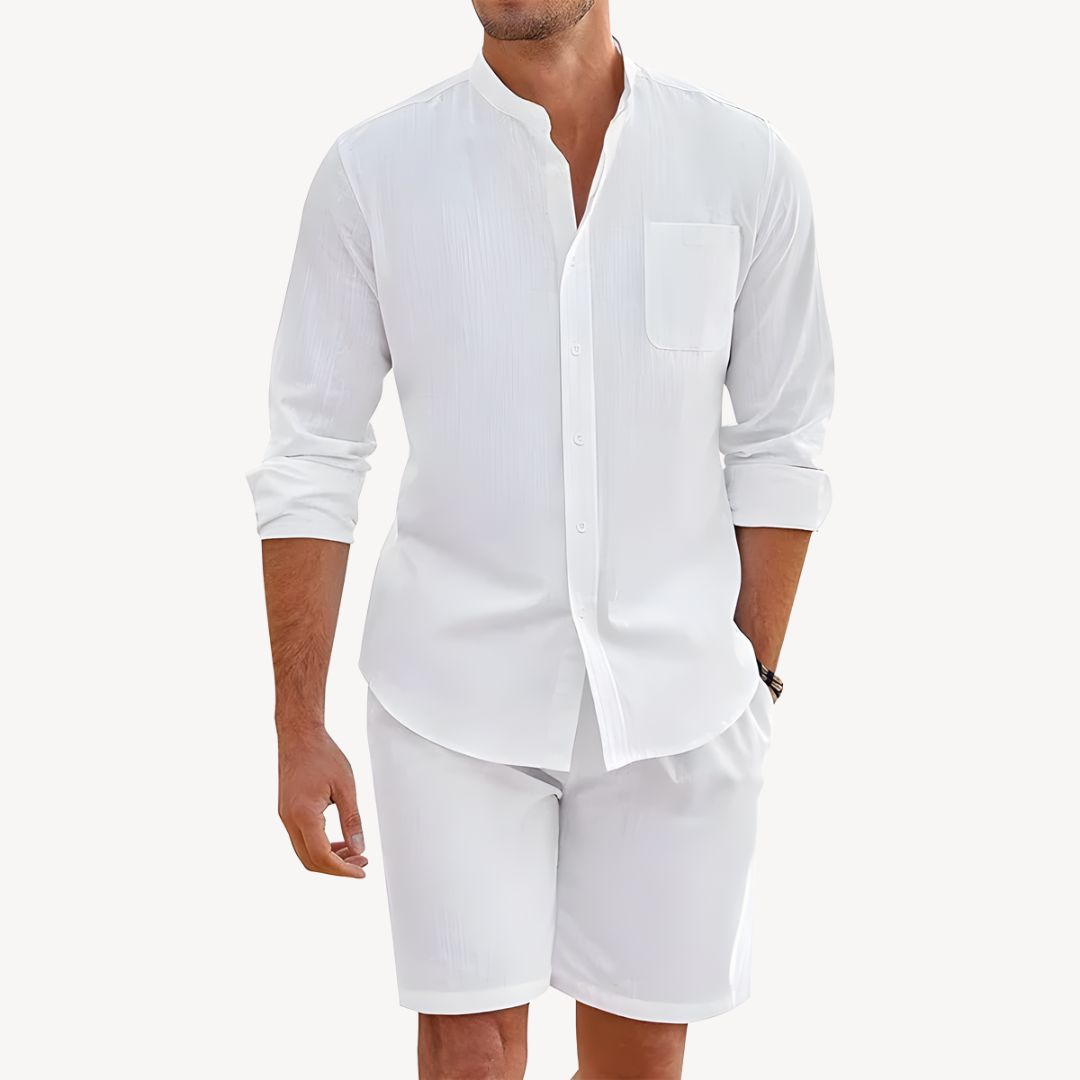 Men's Long Sleeve Band Collar Shirt - Drawstring Shorts Set