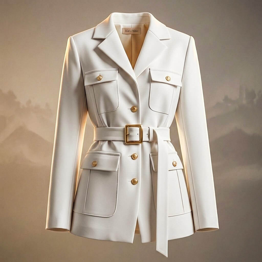 Women's Blazer - Single Breasted Belted Jacket with Gold Button Detail and Patch Pockets
