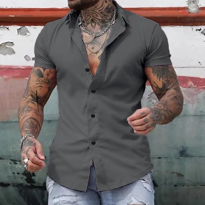 Men's Short Sleeve Button Down Shirt - Spread Collar Slim Fit Curved Hem